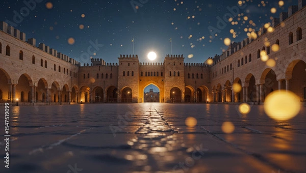 Fototapeta Nighttime view of a majestic stone courtyard with arches illuminated by the moon's soft glow and twinkling lights.