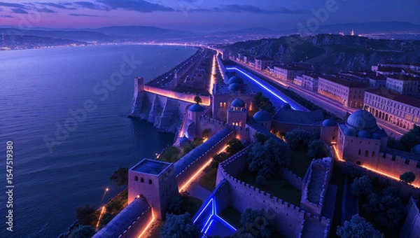 Fototapeta Panoramic aerial view of a stunning medieval coastal city illuminated at twilight with vibrant blue and orange lights
