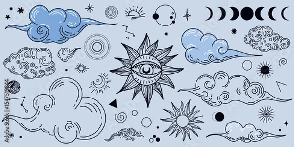 Fototapeta Set of magic and clouds, an image of a magical blue, starry sky with a crescent moon.
