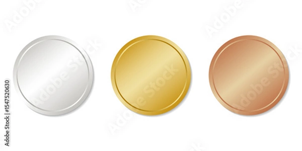 Obraz Realistic gold, silver and bronze empty medals. Round icons isolated on a white background.