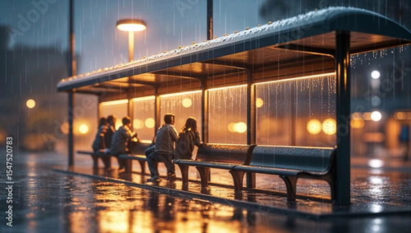Fototapeta People waiting at a bus stop during a heavy rainstorm with wet pavement and illuminated lights creating a moody atmosphere