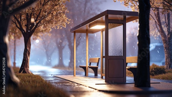 Fototapeta Rainy afternoon scene featuring a bus stop and surrounding trees with autumnal colors and atmospheric lighting