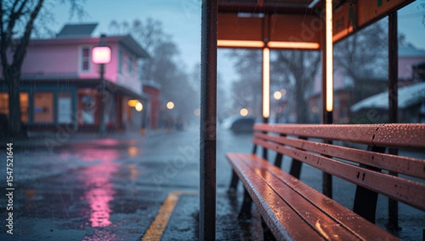 Fototapeta Rainy day in a small town featuring a bus stop bench with wet reflections and buildings blurred in the background
