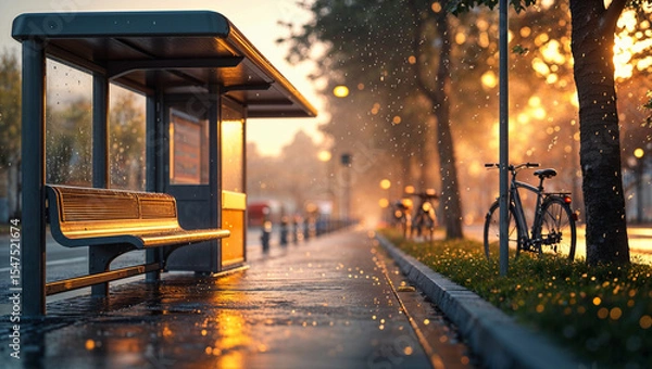 Fototapeta Rainy day in city with bus stop and bicycle golden hour sunlight and atmospheric effects