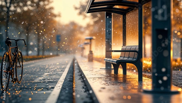 Fototapeta Rainy day scene featuring a bicycle at a bus stop with rain and autumnal bokeh lights