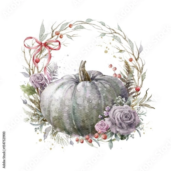Fototapeta Colorful watercolor pumpkin with floral wreath. Helloween element. Thanksgiving greeting card template. Digital illustration.	
