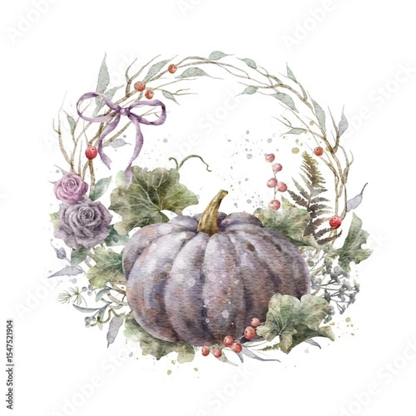 Fototapeta Colorful watercolor pumpkin with floral wreath. Helloween element. Thanksgiving greeting card template. Digital illustration.	