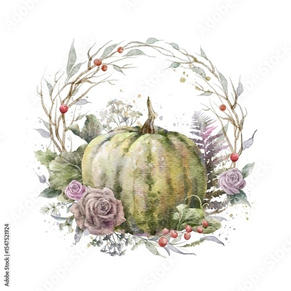Fototapeta Colorful watercolor pumpkin with floral wreath. Helloween element. Thanksgiving greeting card template. Digital illustration.	