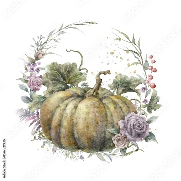 Fototapeta Colorful watercolor pumpkin with floral wreath. Helloween element. Thanksgiving greeting card template. Digital illustration.	