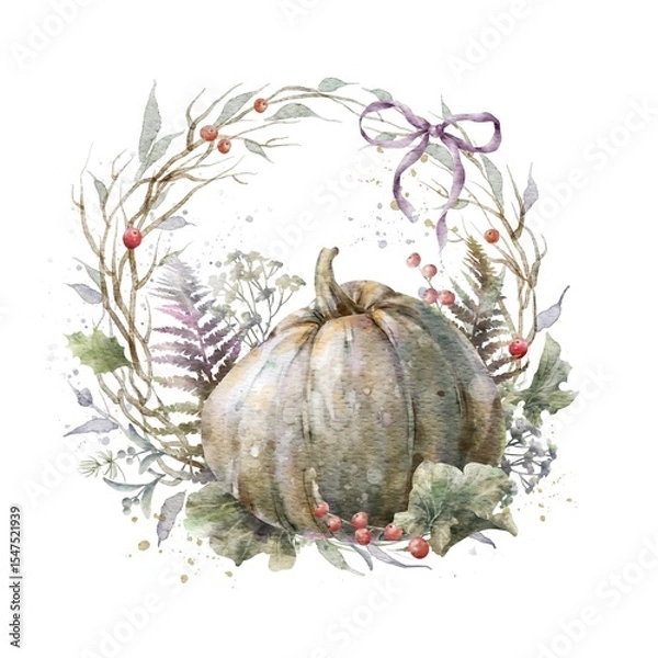 Fototapeta Colorful watercolor pumpkin with floral wreath. Helloween element. Thanksgiving greeting card template. Digital illustration.	