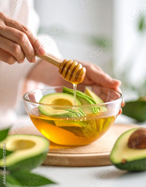 Fototapeta A bowl of honey gently mixed with avocado as preparation for a DIY skincare mask close-up.