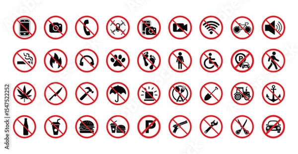 Fototapeta set of red forbidden sign , prohibition signs , Collection of vector icons forbidden dangerous actions: smoking, alcohol, food and drink, do not take drugs. vector illustration . 
