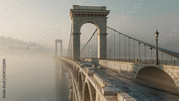 Fototapeta Scenic view of the historic suspension bridge amidst thick morning fog creating a sense of mystery and architectural wonder.