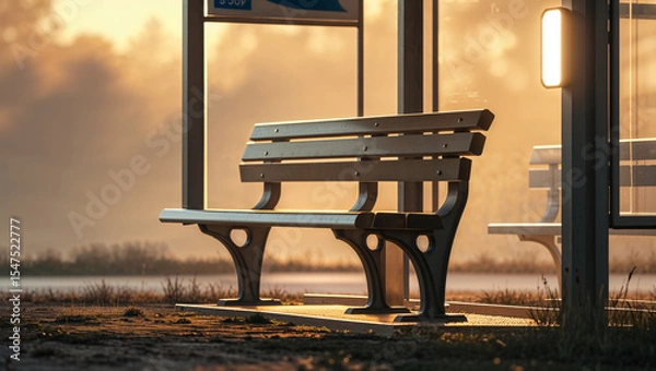 Fototapeta Serene bench at a bus stop illuminated by golden hour sunlight creating calm and peaceful ambiance outdoors