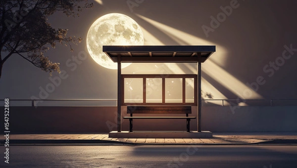 Fototapeta Serene bus stop scene featuring illuminated moon trees bench and architectural elements creating atmospheric lighting