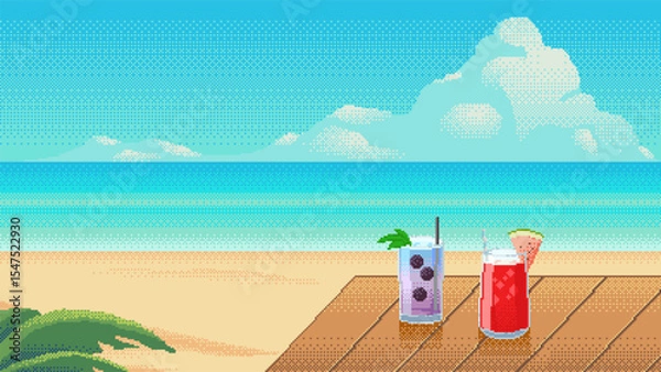 Fototapeta Pixel art tropical beach scene with blackberry and watermelon cocktails on a wooden deck. Tropical leaves with a bright ocean view and summer atmosphere. Vector illustration.