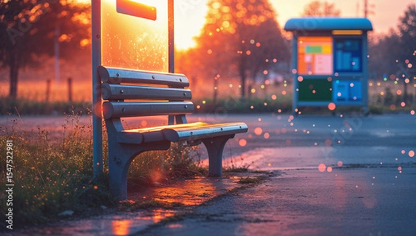 Fototapeta Serene golden hour scene with a park bench next to a bus stop illuminated by the setting sun