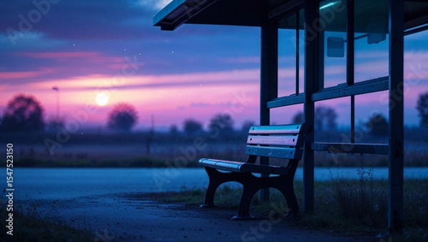 Fototapeta Serene sunset landscape depicting an empty bus stop bench illuminated by vibrant hues of pink and blue