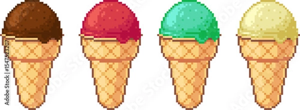 Fototapeta Vector pixel art set of four waffle cones with different ice cream scoops. Chocolate, strawberry, pistachio and vanilla flavors. Isolated on white background.