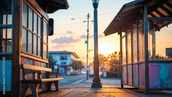Fototapeta Serene view of a wooden bus stop with a bench and a street light in a scenic, peaceful town at sunset