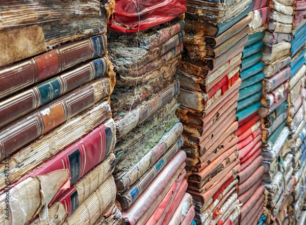 Obraz Stacks of obsolete books in a vintage bookstore in Venice