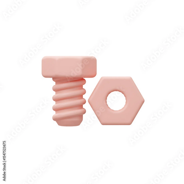 Fototapeta Blush Pink Bolt and Hex Nut 3D Rendered Image