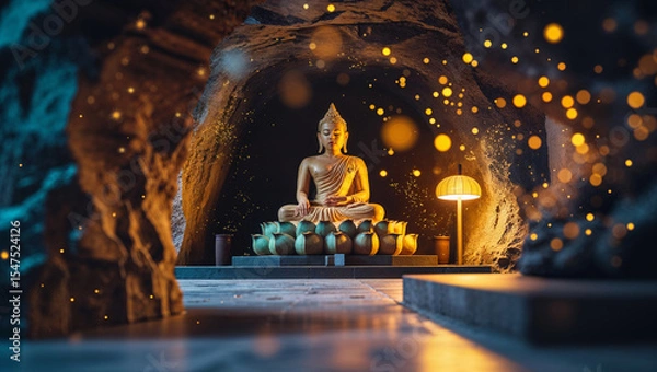 Fototapeta Tranquil golden buddha statue seated in a cave illuminated with soft warm light and decorative elements