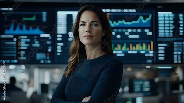 Fototapeta Confident businesswoman in navy blue attire standing with crossed arms against background of digital trading screens and financial data displays in modern office.