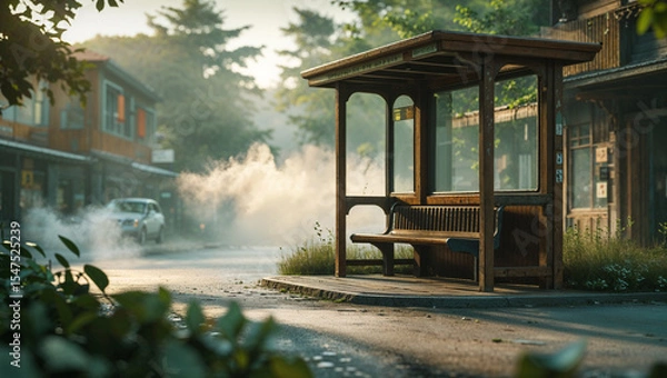 Fototapeta Wooden bus stop in a small town with morning mist and vehicle passing through beautiful street scene