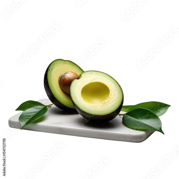 Fototapeta A halved avocado with a pit and leaves on a white marble board against a black background studio shot