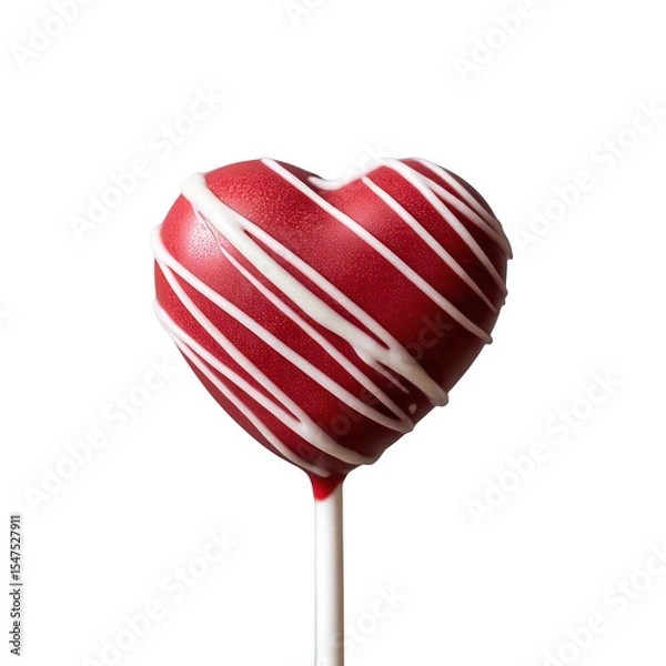 Fototapeta A single red heart shaped cake pop with white drizzle on a stick against a black background studio shot