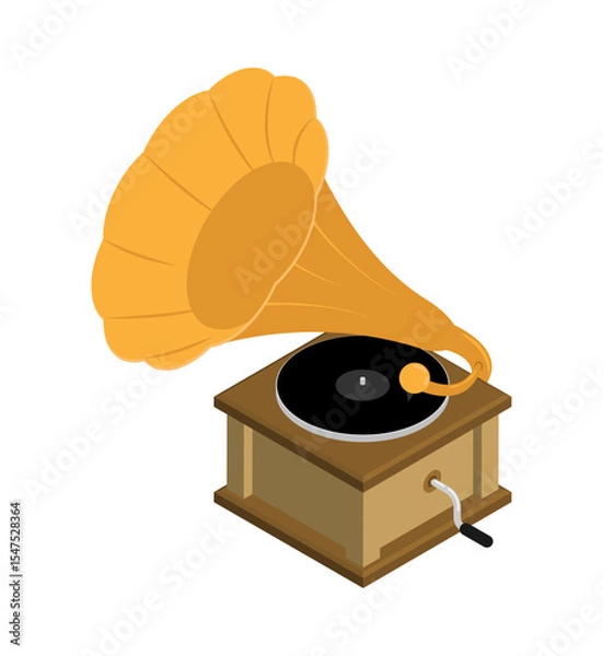 Obraz Isometric Classic gramophone, old device for playing sound recordings. Large metal horn and base, rotating platform for vinyl. Realistic 3D vector concept isolated on white background