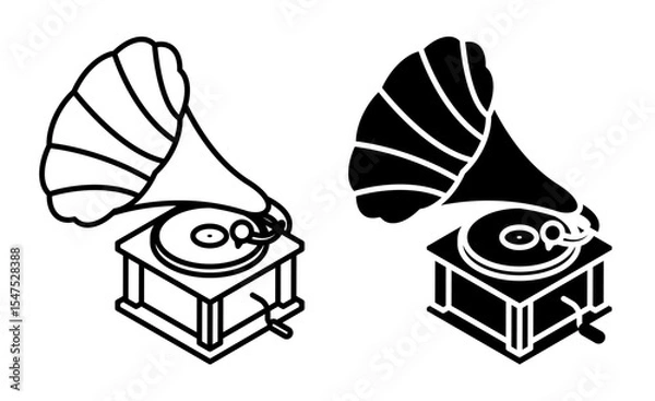 Obraz Linear icon, isometric gramophone, old device for playing sound. Large metal horn and base, rotating platform for vinyl. Simple black and white top view vector isolated on white background