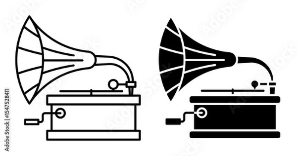 Obraz Linear icon. Classic gramophone, old mechanical device for playing sound recordings. Large metal horn and base, rotating platform for vinyl. Simple black and white vector isolated on white background