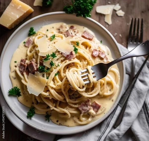 Fototapeta Close up of carbonara pasta on a plate with a fork and parmesan cheese on a wooden background top view