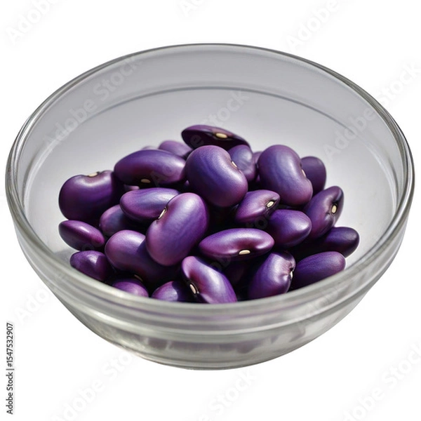 Fototapeta A clear glass bowl filled with a pile of shiny purple kidney beans on a black background close up view