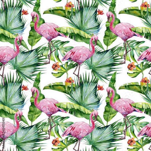 Obraz Bezszwowa akwarela ilustracja tropikalnych liści, gęsta dżungla i różowe ptaki flamingo. Wzór z motywem tropic summertime może służyć jako tekstura tła, papier pakowy, tkanina, tapeta.