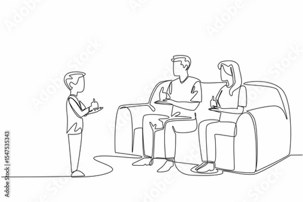 Obraz Single one line drawing boy standing in front of father and mother who are sitting. Learning sign language. A language full of love. Mother Father Deaf Day. Continuous line design graphic illustration