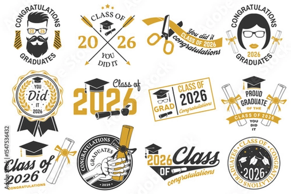 Fototapeta Set of Vector Class of 2026 badges. Vector illustration. Concept for shirt, print, seal, overlay or stamp, greeting, invitation card. Typography design. For class of 2026 graduation.