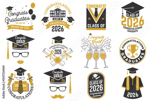 Fototapeta Set of Vector Class of 2026 badges. Vector illustration. Concept for shirt, print, seal, overlay or stamp, greeting, invitation card. Typography design. For class of 2026 graduation.