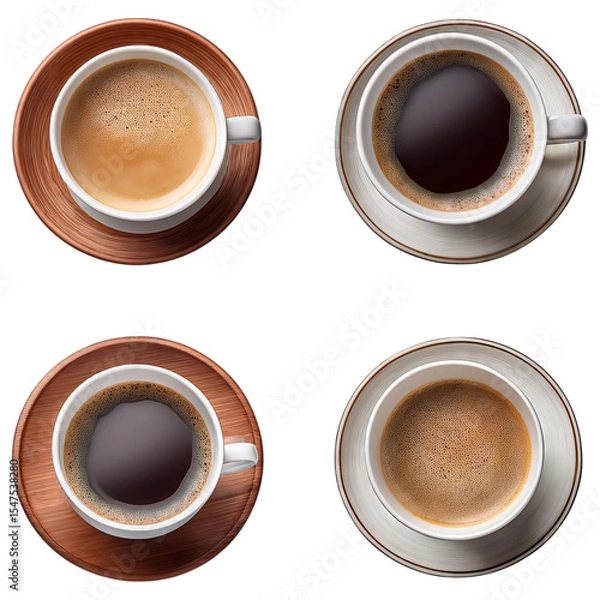 Fototapeta Four Unique Coffee Cups with Different Brews and Textures, Isolated on Transparent, white background