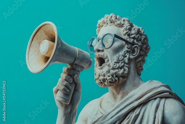 Fototapeta Classical statue with a beard and glasses, holding a megaphone, against a teal background, creating a humorous modern contrast.