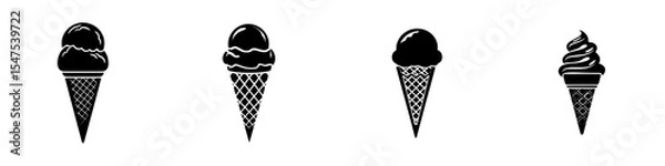 Fototapeta A minimalist summer design element featuring a black silhouette of an ice cream icon on a white background, with a single ice ball in a waffle cone presented in a segmented stencil style