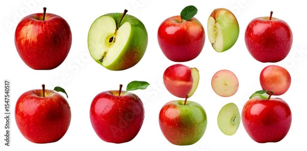 Fototapeta Fresh Red and Green Apples Cut and Whole on a White Background, Isolated on Transparent, white background