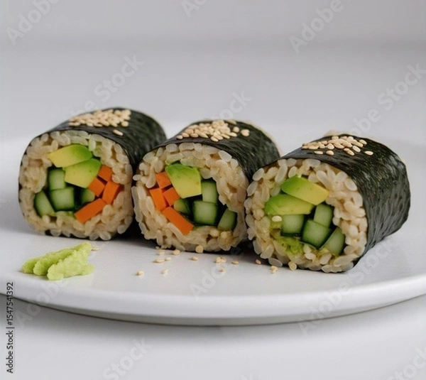 Fototapeta Close up of three sushi rolls with avocado cucumber and carrot on a white plate with wasabi garnish