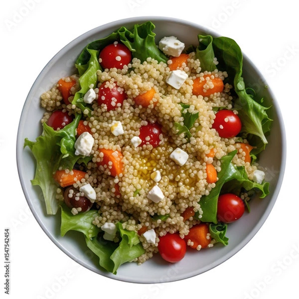 Fototapeta Overhead shot of a quinoa salad with lettuce, tomatoes, carrots, and feta in a white bowl