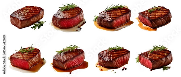 Fototapeta Grilled Steak Selection with Rosemary Garnish and Juicy Cuts, Isolated on Transparent, white background