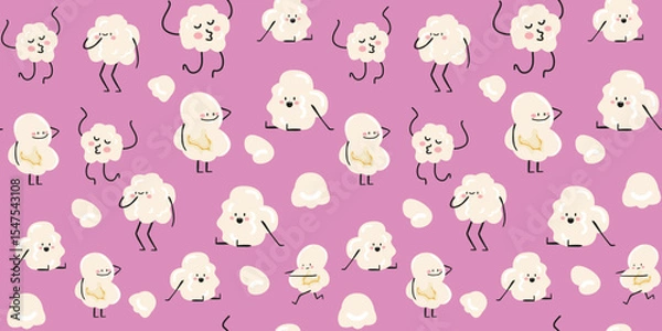 Obraz Seamless pattern with cartoon kawaii popcorn characters. Cinema, movie theater concept. Funny movie mascot. Vector illustration in doodle retro style on pink background