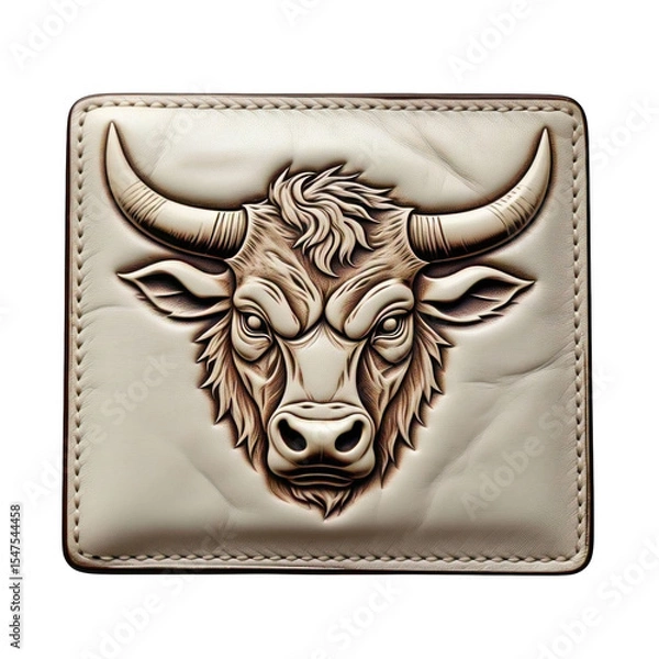 Fototapeta Close up of a leather wallet with a bull design embossed on the front against a black background