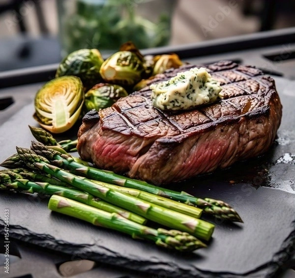 Fototapeta A grilled steak topped with herb butter served with asparagus and brussel sprouts on a black plate